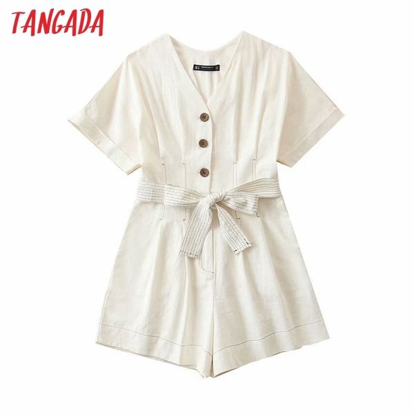 

tangada women vintage cotton linen playsuits bow tie short sleeve rompers ladies casual chic jumpsuits qw2 t200704, Black;white