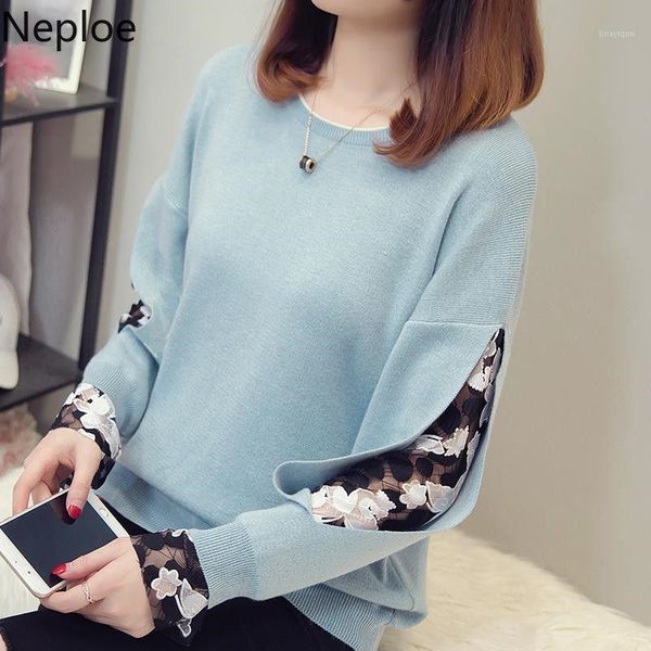 

neploe fashion plus size knitted sweater women winter clothes 2020 hollow out mesh patchwork long sleeve casual knitwear 553931, White;black