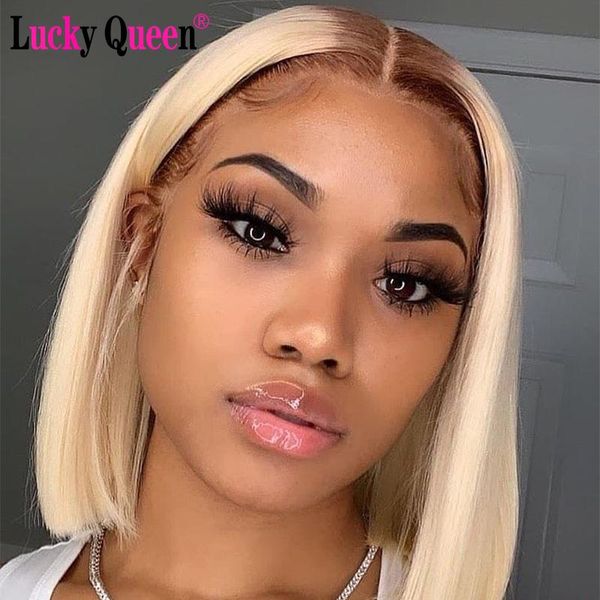 

lucky queen hair short bob lace part wigs 4/613 peruvian straight human hair wigs pre plucked for black women 150% 180% density, Black;brown