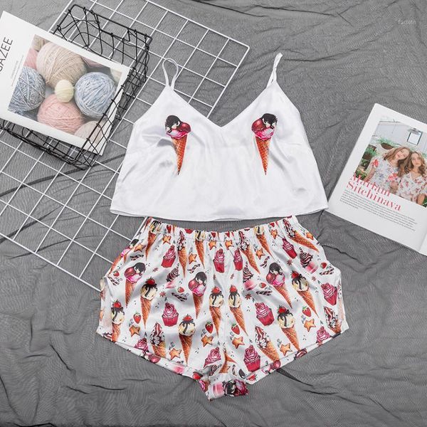 

suphis v neck ice cream print sleepwear women sleeveless satin pajamas pattern two piece sets pajama summer lounge wear1, Black;red