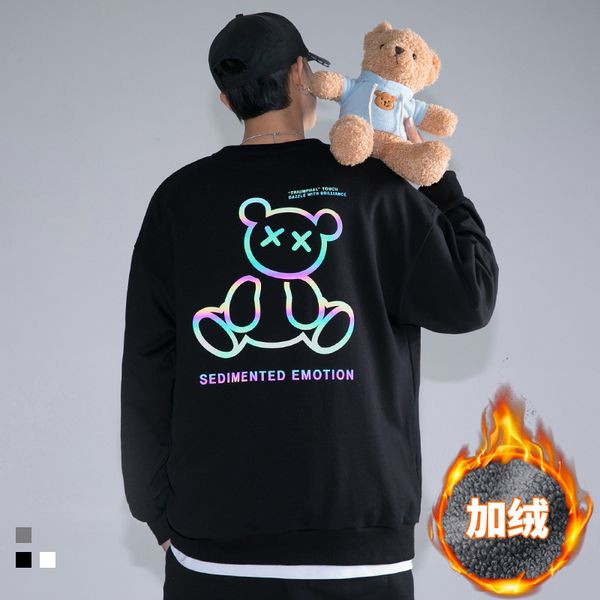 

hanlu men's clothing mainly introduces new plush tide brand sweater in autumn and winter 2020, men's reflective colorful printed t, Black