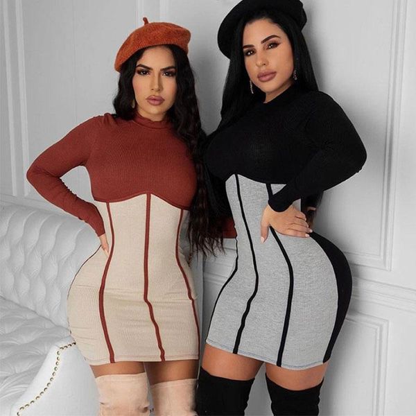 

2021spring autumn new fashion contrast color stitching temperament all match slim long sleeved dress round neck female dress 240, Black;gray