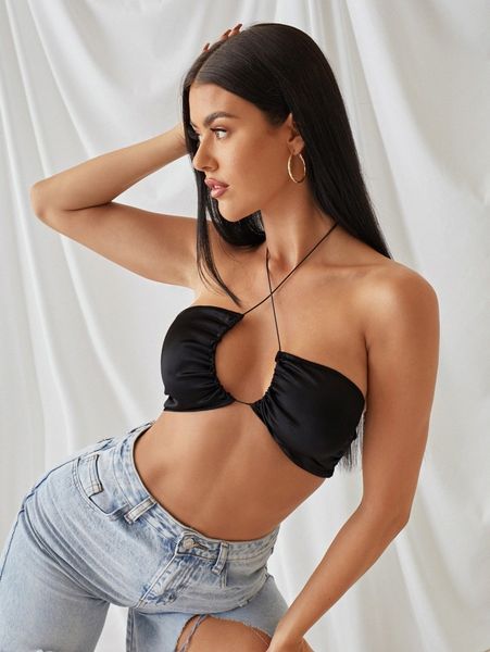 

drawstring backless crop halter s6jp#, White