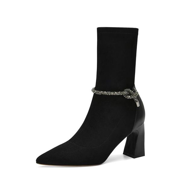 

fashion genuine leather ladies ankle boots rhinestone 2020 thick heels shoes woman wedding office lady pumps, Black
