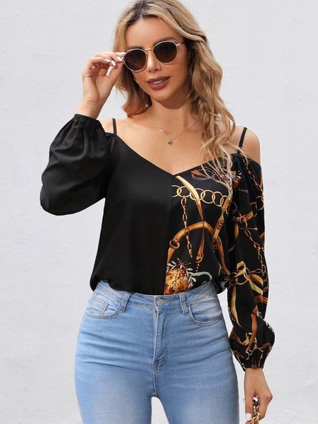 

chain print cold shoulder bishop sleeve blouse 834y#, White