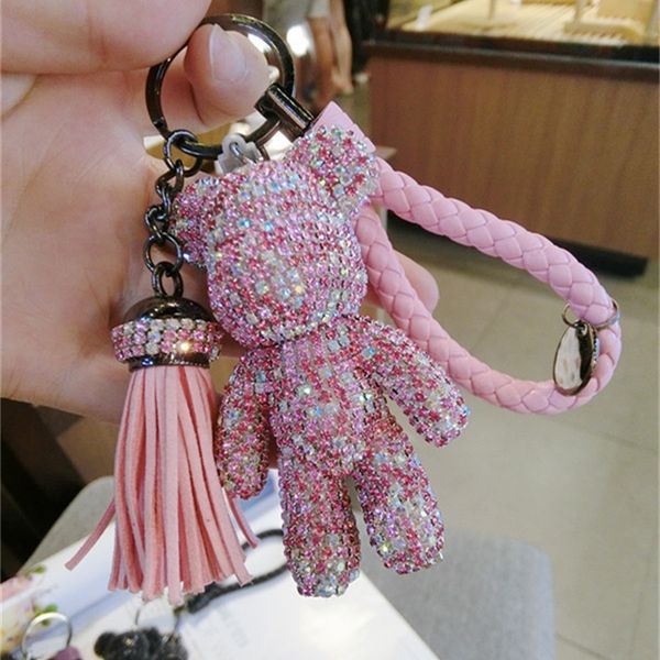 

luxury leather tassel car key ring all rhinestone crystal bear key chain holder charm for woman bag car man key chains pendant t200804, Silver