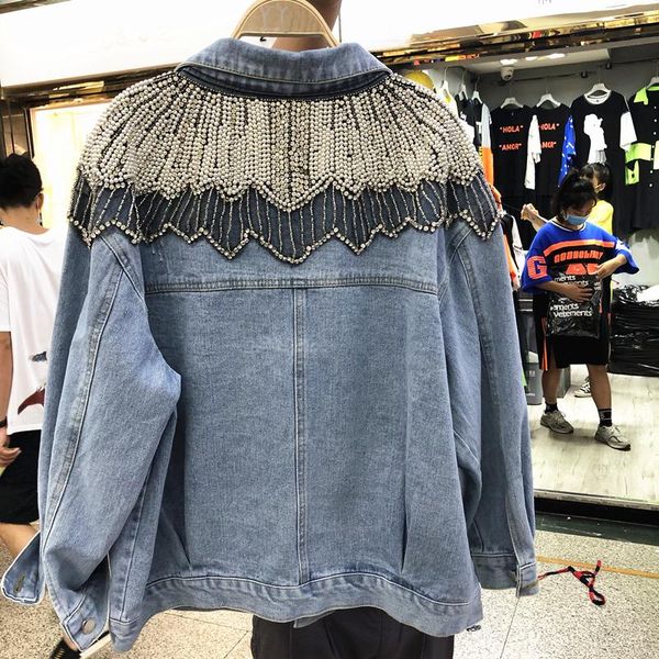 

2021 fall new heavy industry beaded diamond denim jacket women loose, Black;brown