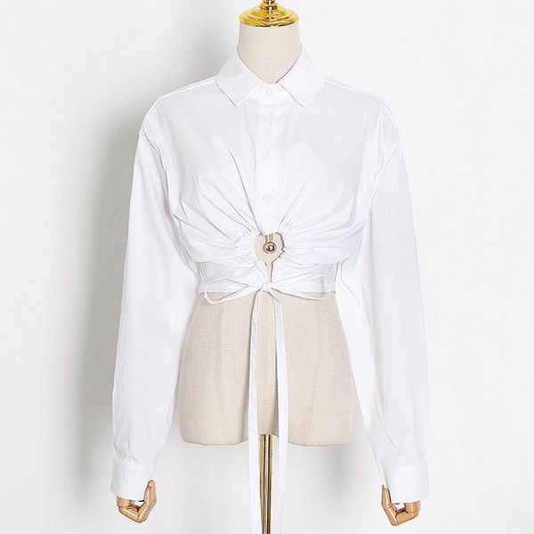 

women crop blouse hollow out long sleeve lace up bowknot drawstring ruched shirt1, White