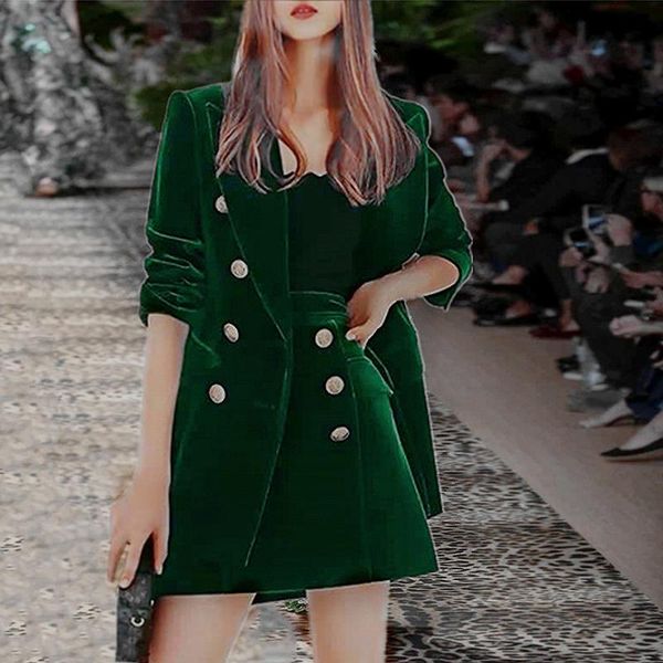 

s-xxl 2020 fall/winter fashion pure color green velvet double breasted slim long sleeve + short skirt woman set, White