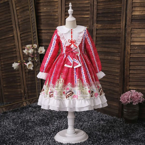 

winter autumn and children's plush princs print girls' lolita performance drs, Red;yellow