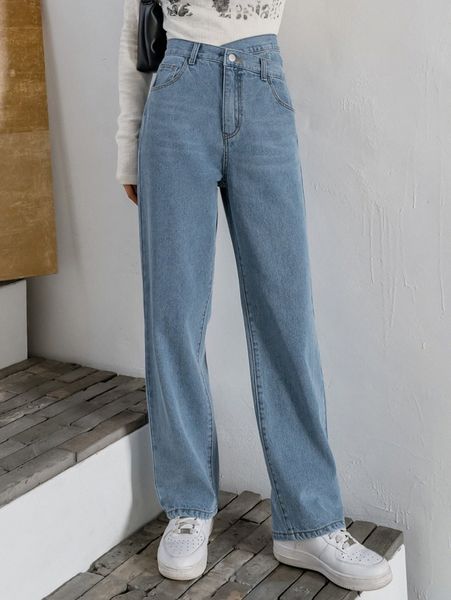 

dazy asymmetrical waist straight leg jeans r4i0#, Blue
