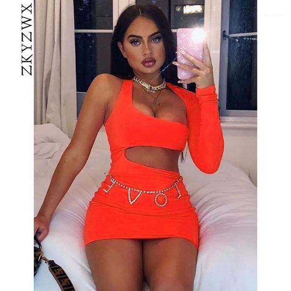 

zkyzwx neon one shoulder mini dress women tight vestidos long sleeve fall bodycon dresses backless short club party dress1, Black;gray
