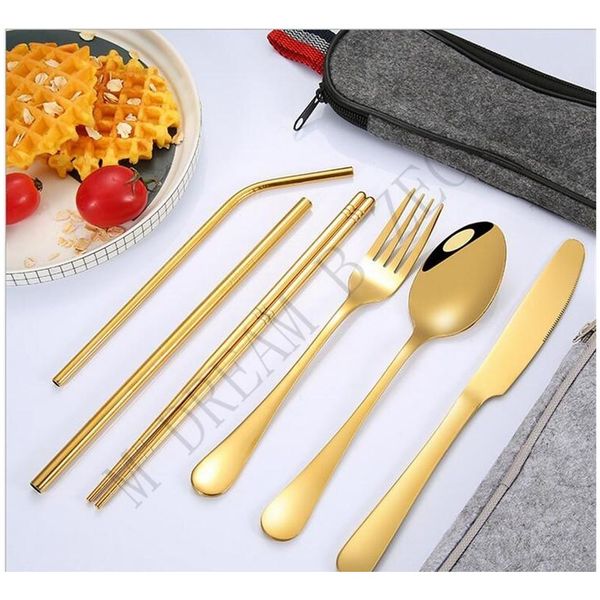 

portable flatware set 5 colors tableware 8 pcs/lot outing dinnerware eco-friednly stainless steel straw brush spo jllhcs lucky2005