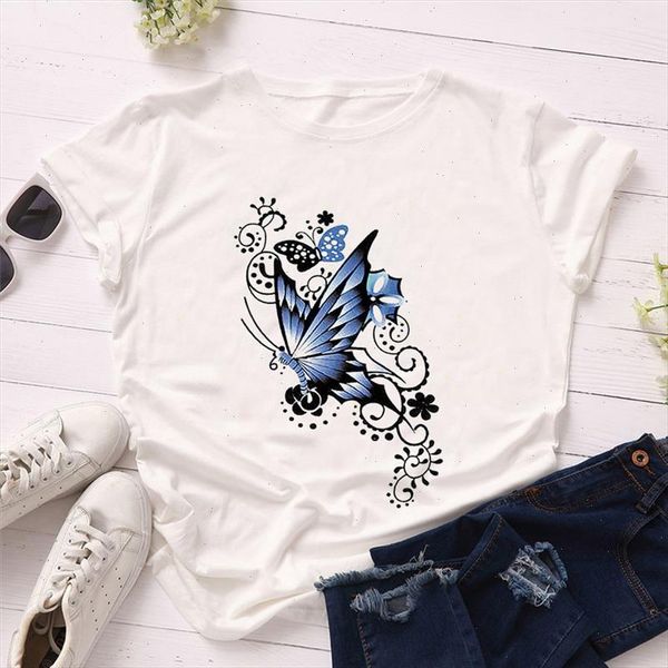 

harajuku color floral butterfly print t shirt o neck women aesthetics t shirts casual short sleeve streetwear women tees, White