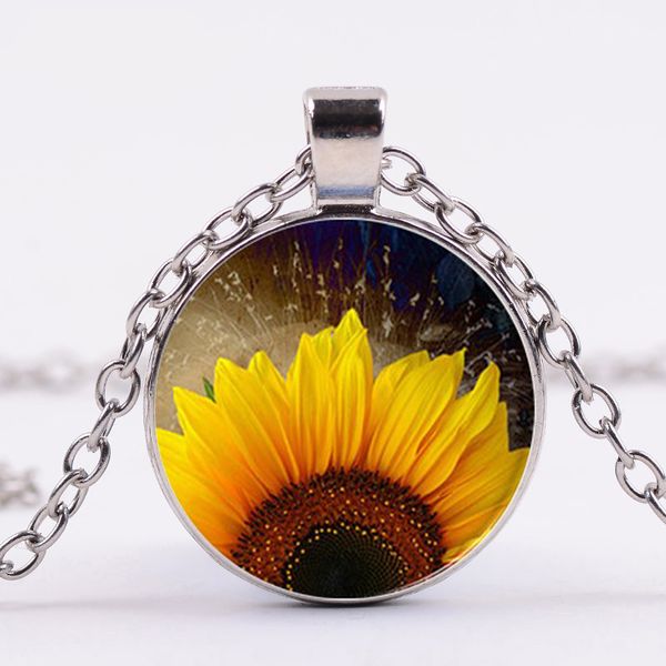 

new sunflower chain necklace bright color yellow sun flower art picture glass dome pendant women lucky jewelry gift, Silver