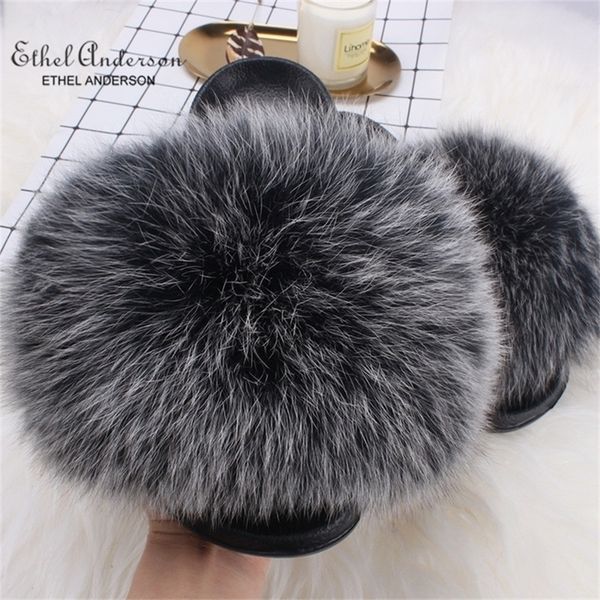 

ethel anderson real fox raccoon slippers slides lady summer flip flops casual cute fur sandals plush shoes recommend y200423, Black