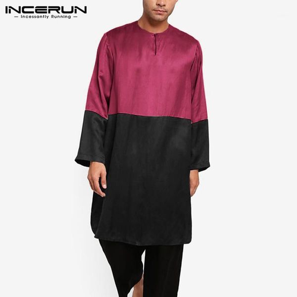 

incerun men long style shirt muslim arabic kaftan islamic long sleeve patchwork round neck casual kurtas 2020 vintage mens 1, Red