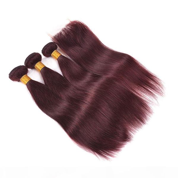 

9a brazilian wine red hair with closure 4pcs lot 99j two tone brazilian hair weave bundles with straight 4x4 lace closure, Black;brown