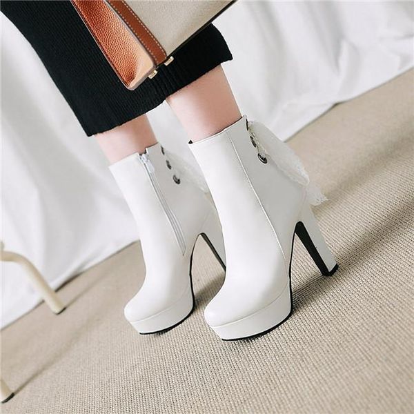 

boots ymechic 2021 white wedding bride platform high heels ladies shoes winter fashion plus size black ribbon cross strap ankle