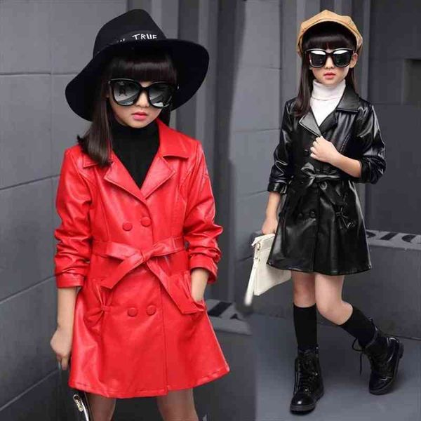 

girls pu leather jacket long dress double-breasted buttons kids windbreaker teen girl cool coat children clothing, Blue;gray