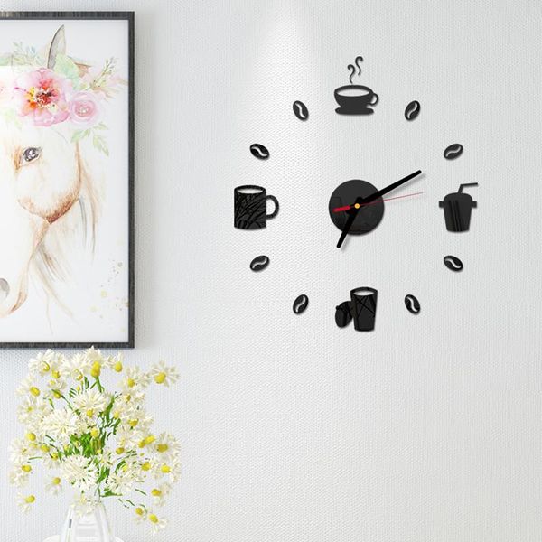 

wall clocks 3d mirror clock 40cm diam self adhesive modern mute acrylic art analog kitchen diy coffee cups decor gold/sliver/black/red