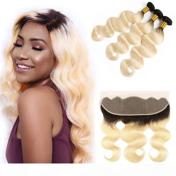 

brazilian blonde ombre human hair bundles deals with lace frontal closure body wave 1b 613 blonde full lace frontal 13x4 with weaves, Black;brown