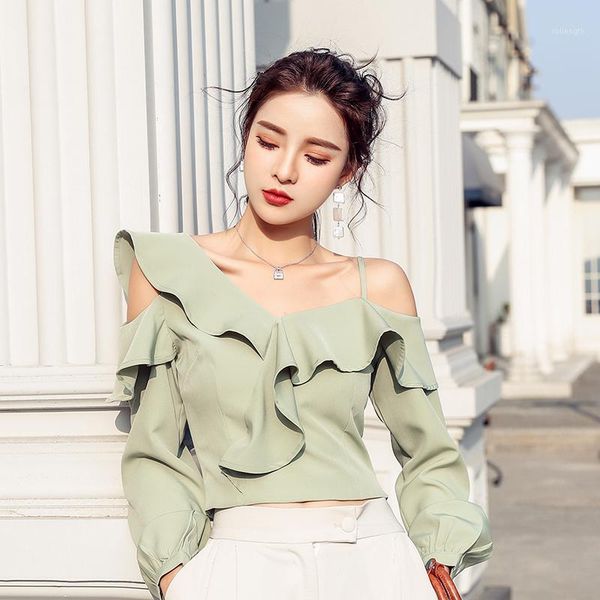 

spring french off-the-shoulder long-sleeved shirt new female irregular condole falbala little short coat1, White