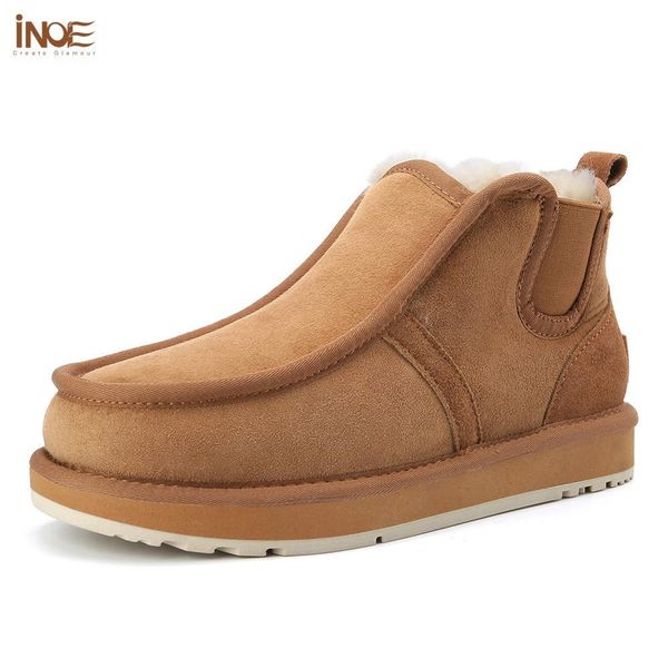 

inoe sheepskin suede leather men shearling wool fur lined winter boots with zipper short ankle snow boots keep warm shoes brown 201027, Black