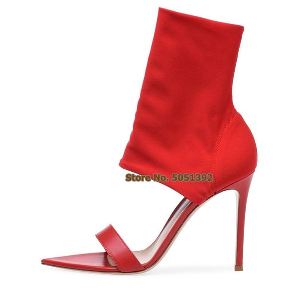 

women high thin heel open toe sandals booties ankle short boots fashion elastic sock boots black red plus size side holllow