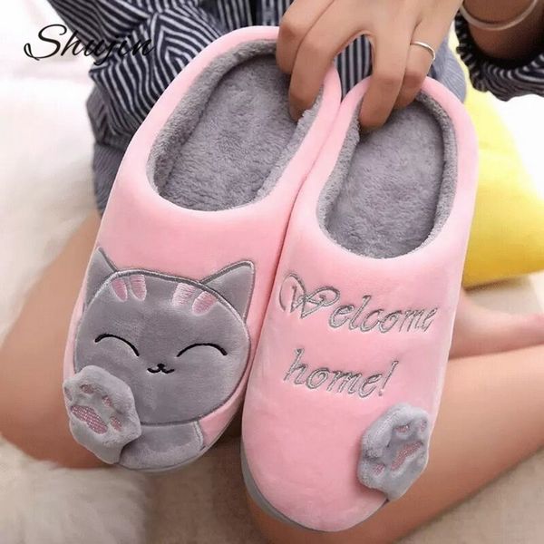 

shujin women men couple shoes winter home slippers cartoon animal cat non-slip warm indoors bedroom floor shoes female ladies y201026, Black