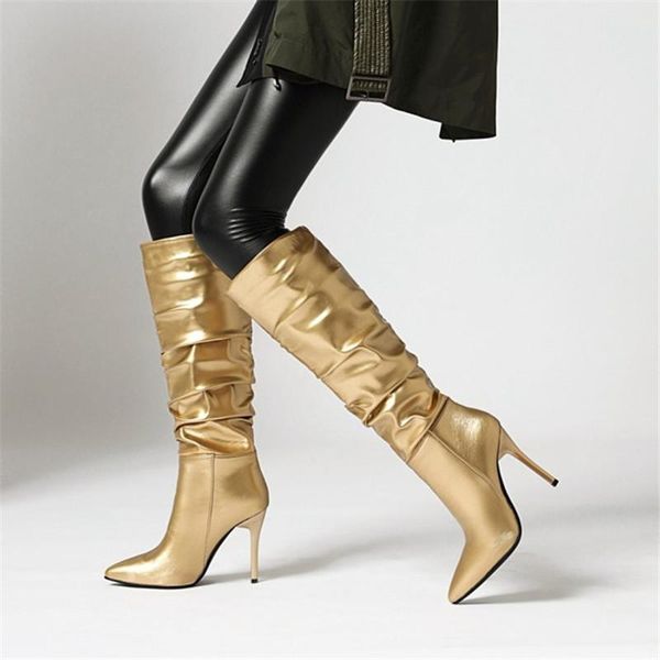 

pxelena european pleated stiletto heels knee high boots women slip on gold silver plus size 34-43 shoes lady party dress 42, Black