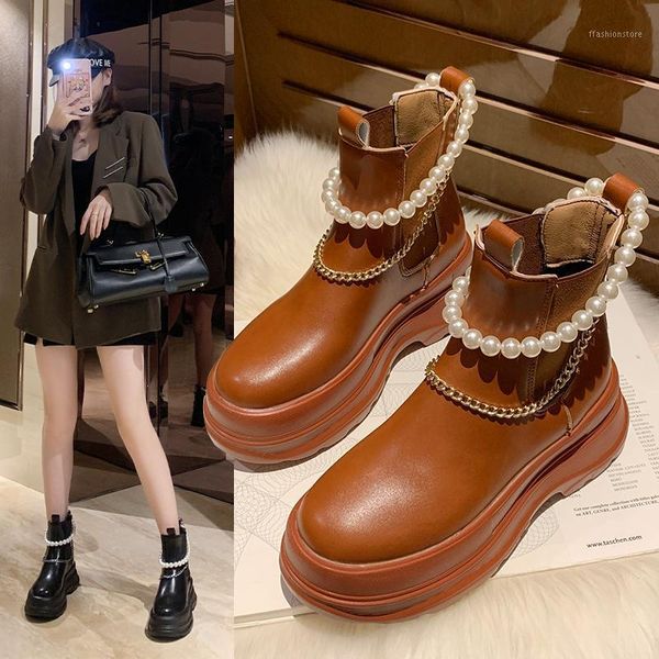 

2021 women's shoes ankle boots women round toe winter footwear pearl chain flat heel platform booties ladies botas mujer1, Black