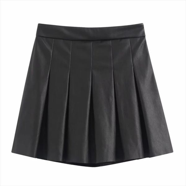 

new 2020 women leisure front pleated pu leather mini skirt faldas mujer ladies casual slim side zipper short skirts qun534, Black