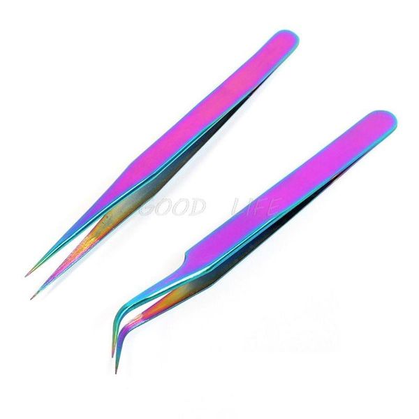 

stainless steel straight curved eye lashes tweezers rainbow colored false fake eyelash extension nippers pointed clip profession