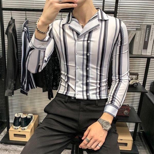 

spring new 2021 long sleeve men striped shirts simple korean turn down collar slim fit casual chemise homme 3xl, White;black