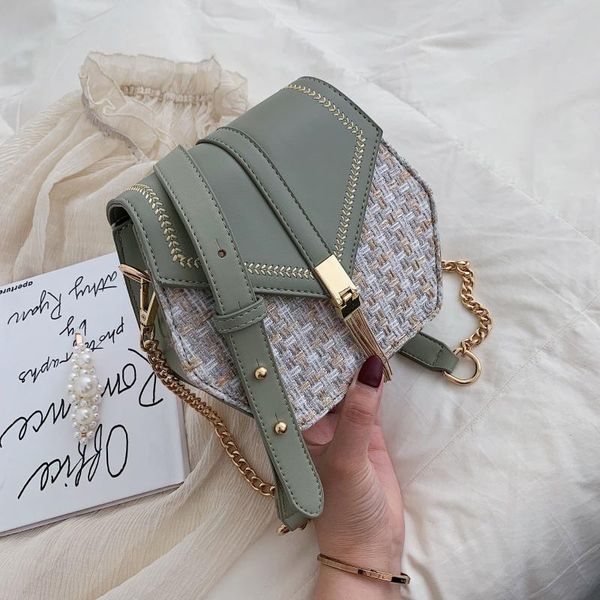 

женщины 2020 шестигранной кисточкой weave кожа pu crossbody сумки плеча сумка женская travel цепные кошельки и сумки