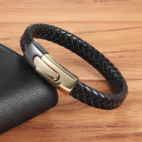 

xqni прохладный punk черное золото из нержавеющей стали магнитная кнопка дизайн натуральной кожи браслет для мужчин мода bangles мужской под, Golden;silver