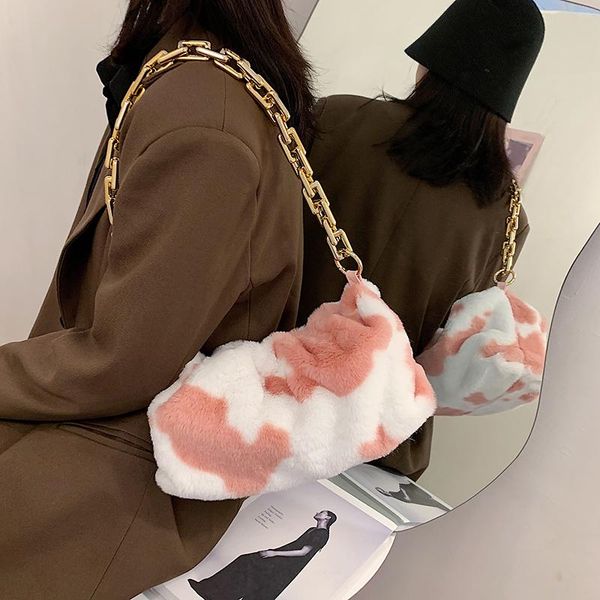 

корова pattern мягкий искусственный мех маленькие сумки на ремне для женщин 2020 зимние trending цепной сумки трендовом мешок руки