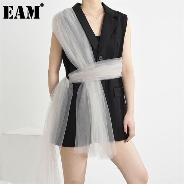 

[eam] women loose fit black mesh irregular split joint long vest new lapel sleeveless fashion tide spring summer 1x34101 201031, Black;white