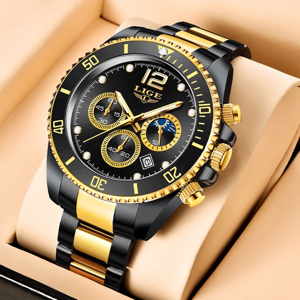 

lige fashion black gold clock brand luxury stainless steel waterproof quartz watches men sport chronograph wrist watch man, Silver