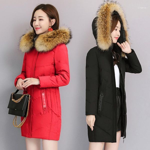 

winter parkas korean big fur collar hooded down cotton coat women casual mid-length thick warm padded cothing women's 2020 z89711, Black