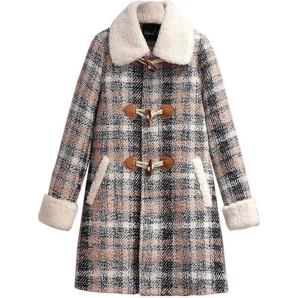 

2021 new plaid women's winter clothes mid-length thick double-sided woolen style small fragrant wool horn button coat i4o7, Black