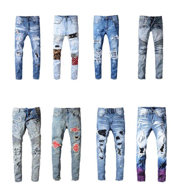 

2020 distrsed ripped slim fit motorcycle biker denim for men fashion hip hop mens jeans good quality cool cowboy, Blue