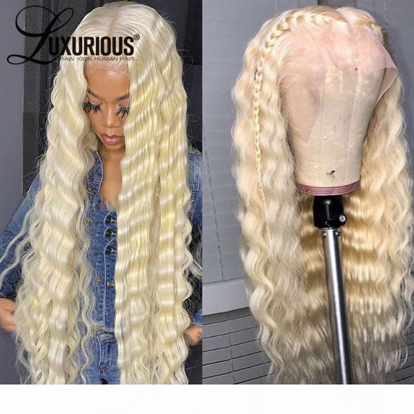 

180% deep wave closure wig brazilian virgin hair transparent lace wigs 613 blonde human hair wigs for women pre plucked, Black;brown