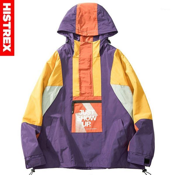 

2020 men harajuku hip hop jacket coat streetwear color block hooded windbreaker jacket retro patchwork zip track autumn1, Black;brown