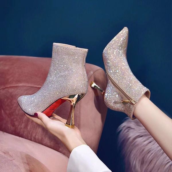 

autumn rhinestone boots ankle boots full crystal thin heels wedding bridesmaid high heels party stiletto wedding boots c0202, Black