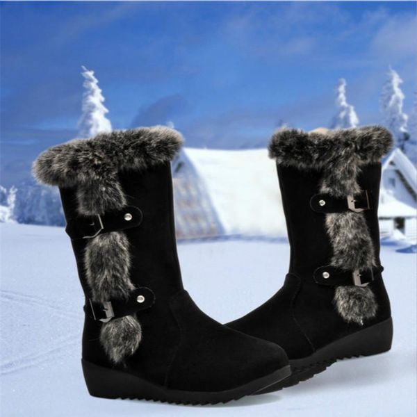 

новая зима женщины boots повседневный теплый fur mid-теленок сапоги ботинки женщин скольжения на круглый toe клинья снегоступы muje плюс раз, Black