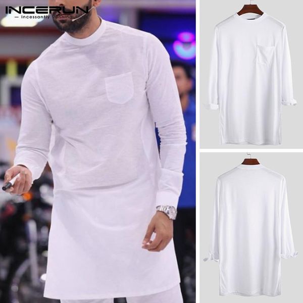 

incerun 2021 fashion men t shirt solid o neck long sleeve pockets hip-hop pakistan casual long t-shirt men clothing, White;black