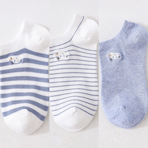 

spring summer thin and simple cartoon embroidery blue and white boat socksembroidered stripedsocks women's boat socks affks, Black