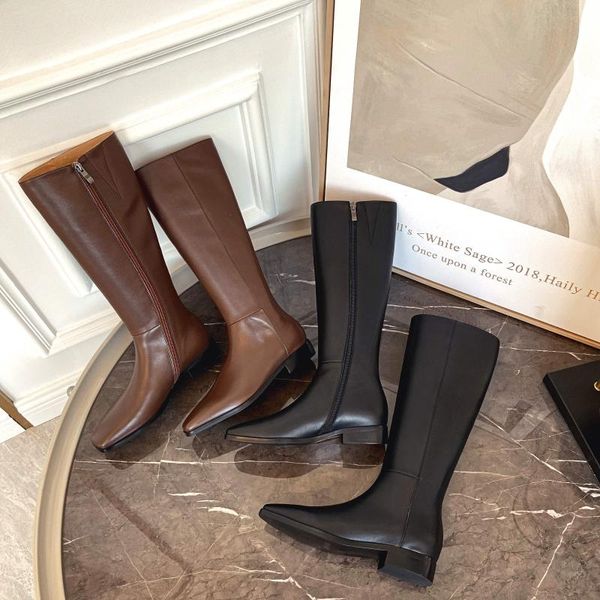 

boots 2021 winter knee-high women's shoes cow leather square toe punk party riding bottes femme, Black